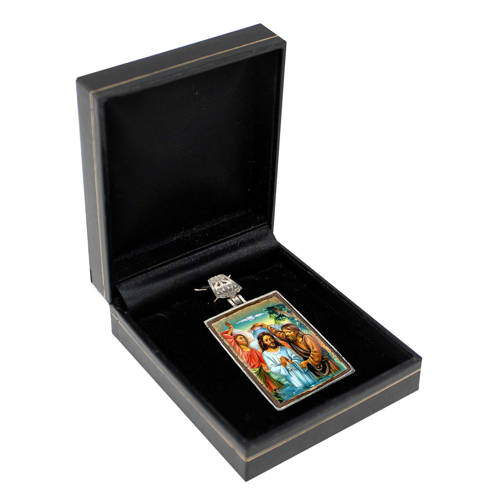 Christening Religious Jewelry Silver Plated Necklace, Gold-Plated Wooden Cabochon - Christian Sacred Icon - Inspirational Icon Decor - 43043R