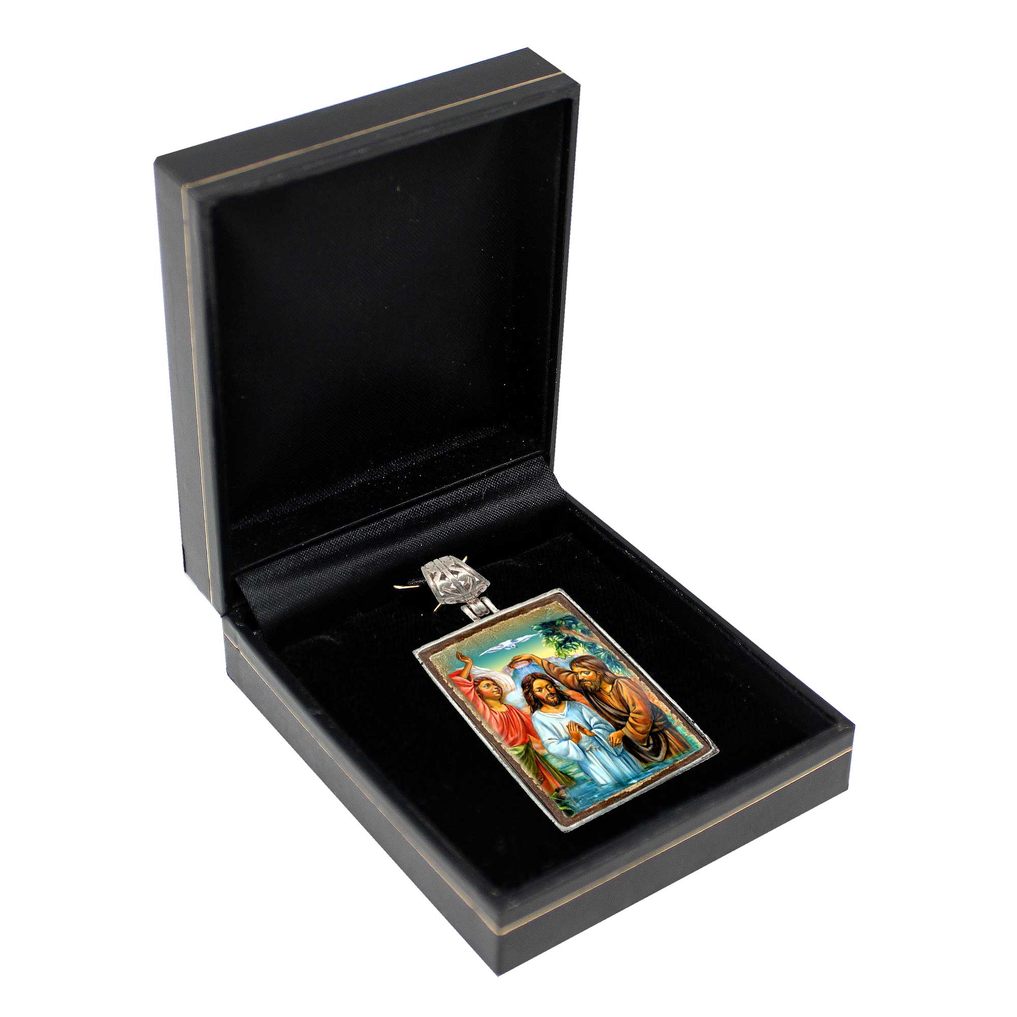 Christening Religious Jewelry Silver Plated Necklace, Gold-Plated Wooden Cabochon - Christian Sacred Icon - Inspirational Icon Decor - 43043R