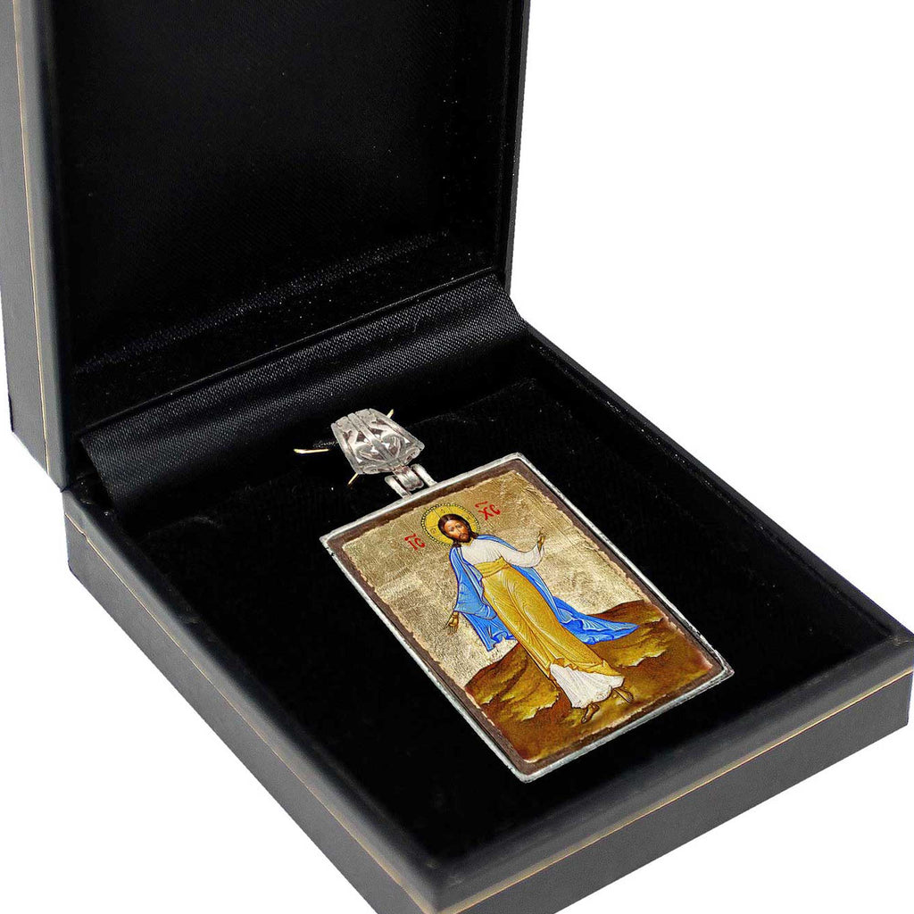 Jesus Religious Jewelry Silver Plated Necklace, Gold-Plated Wooden Cabochon - Christian Sacred Icon - Inspirational Icon Decor - 43051R