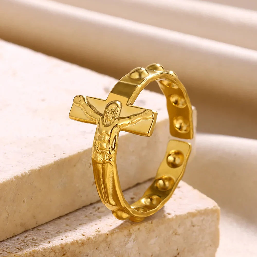Vintage Jesus Cross Rings For Women Men Gold Color Stainless Steel Jesus Cross Adjustable Ring Religious Party Jewelry Gift