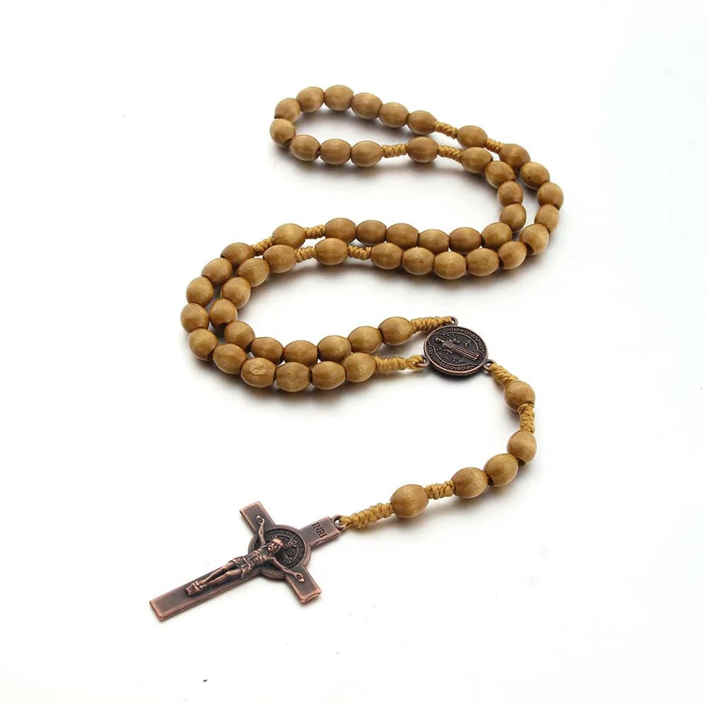 Handmade Wood Beads Rosary Necklace For Women Men Crucifix Cross Pendant Long braided Rope Chain Religious Prayer Jewelry