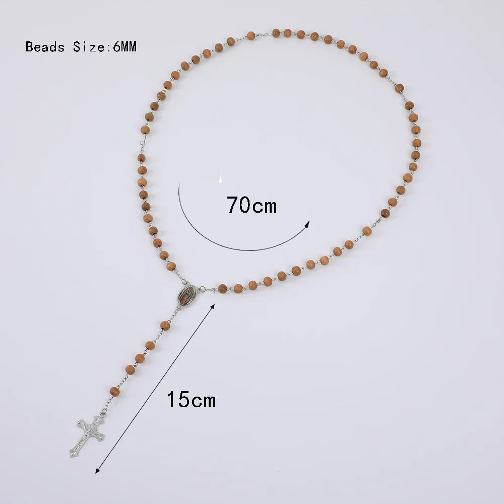 Wood Rosary Necklace For Women 6MM Wooden Prayer Beads Long Chain Religious Virgin Mary Cross Pendant Men Party Jewelry Gift