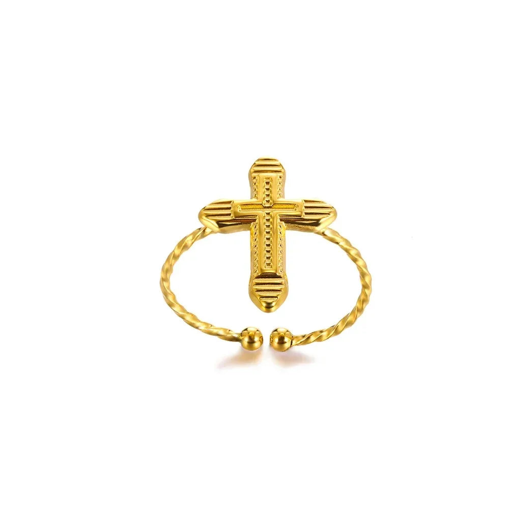 Vintage Jesus Cross Rings For Women Men Gold Color Stainless Steel Jesus Cross Adjustable Ring Religious Party Jewelry Gift