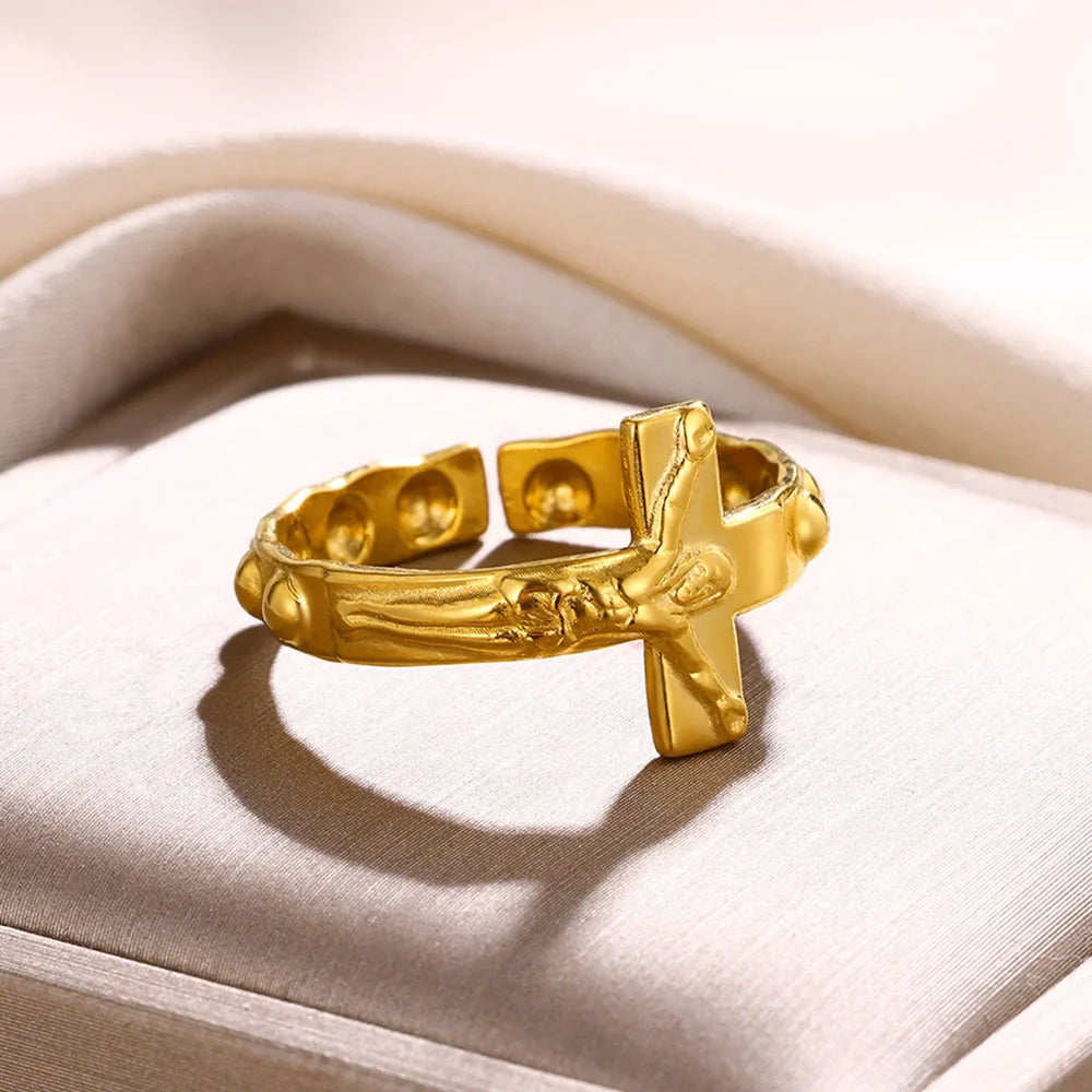 Vintage Jesus Cross Rings For Women Men Gold Color Stainless Steel Jesus Cross Adjustable Ring Religious Party Jewelry Gift