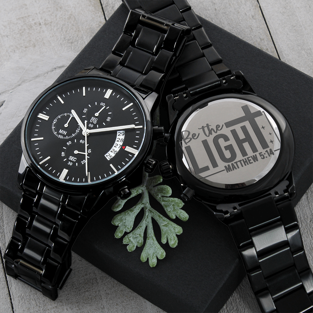 Be the Light Scripture Faith Based Engraved Black Chronograph Watch