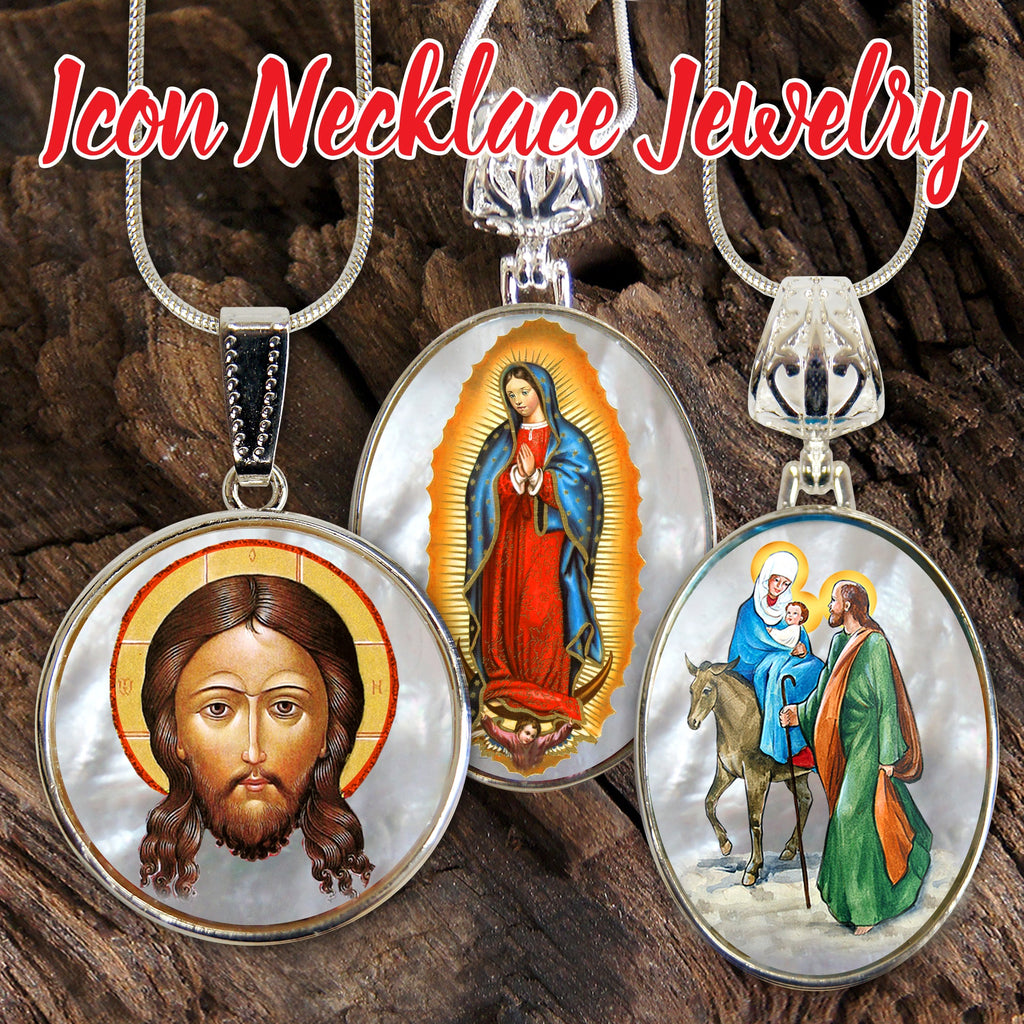 Blessed Virgin Mary Lifegiving Religious Jewelry Silver Plated Necklace, Gold-Plated Wooden Cabochon - Christian Icon - Inspirational Icon Decor - 43017R