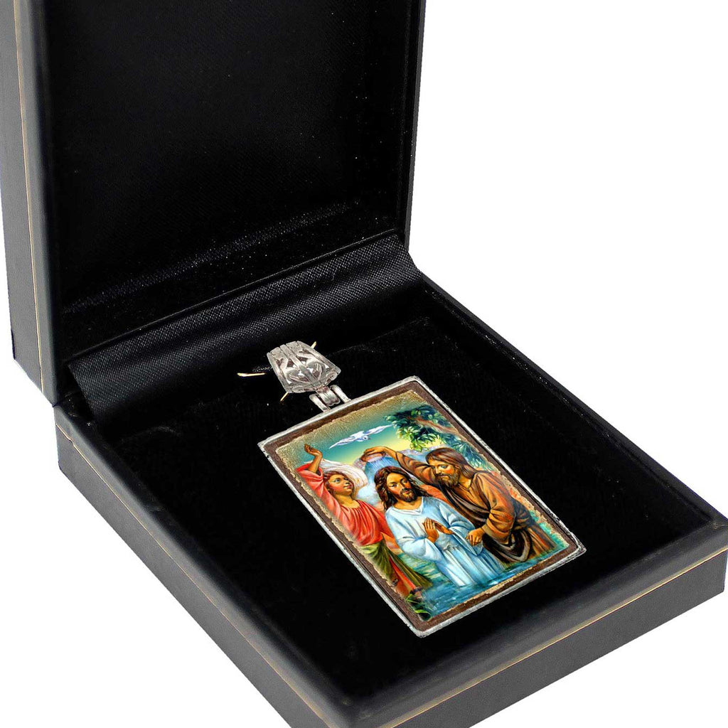 Christening Religious Jewelry Silver Plated Necklace, Gold-Plated Wooden Cabochon - Christian Sacred Icon - Inspirational Icon Decor - 43043R